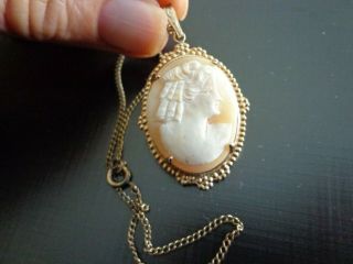 Antique Victorian Art Deco Shell Cameo Necklace Pendant Chain 12kt Gold Filled