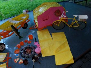 Vintage 70 ' s Mattel Barbie Going Camping set with Pop - up Camper,  Boat and Bike 3