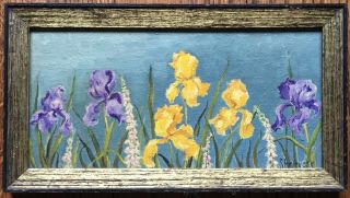 Antique Oil Painting Of Yellow And Purple Iris Flowers,  6 X 11 Signed
