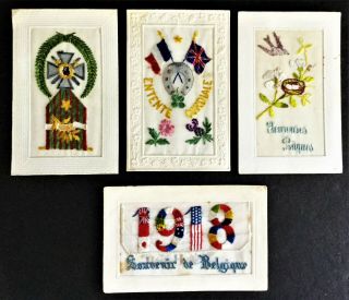 Four Rare 1914 - 1918 World War One Silk Embroidered Post Cards.