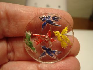 Antique Vintage Glass Reverse Painted Birds In Flight Button