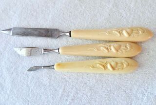 Vintage Antique French Ivory,  Celluloid Manicure Tools - Raised Acorn Design