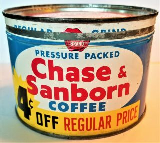 Vintage Chase & Sanborn Tin - Old Key Wind Coffee Can - 1 Lb - Antique Tin