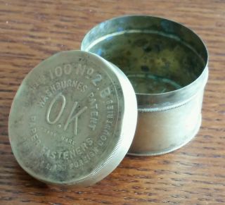 Antique O.  K.  Mfg.  Co.  Washburnes Patent 1903 Paper Fasteners Brass Tin Syracuse
