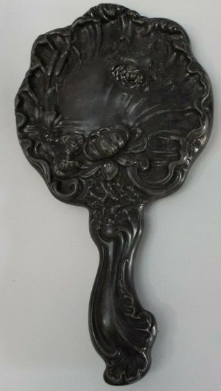 Antique Hope Silver Co Plate Handheld Round Dresser Mirror Water Lilies