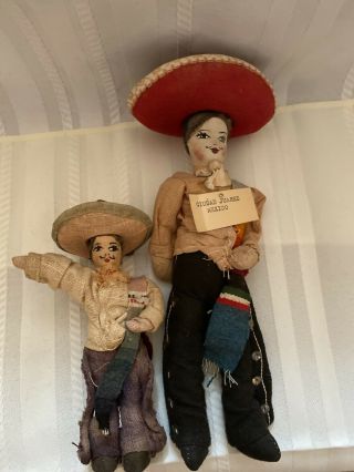 Pair Vintage Mexican Hispanic Ethnic Costume Hand Painted Face Rag Cloth Dolls