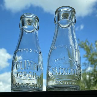 Rare Olixir Top Oil J.  B.  Clark Oil Company & Mixtrol 2 Oz Glass Bottle Pair Set