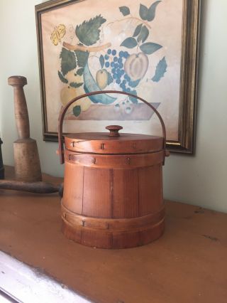 Small/medium 7.  5 " Vintage Primitive Wooden Firkin Sugar Bucket W/ Handle & Lid 1