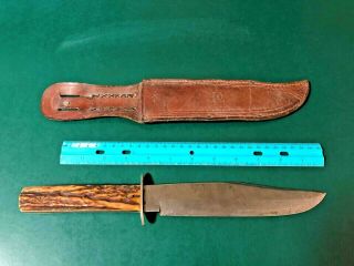 Rare Solingen F.  A.  Bower Imp.  Co.  Germany 8 Inch Blade Stag Handle Bowie Knife