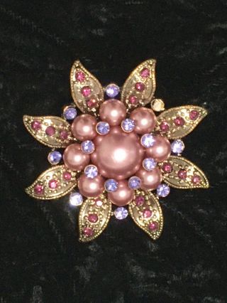 Vintage Antiqued Copper Tone Flower Pin/brooch Faux Purple Pearls & Rhinestones