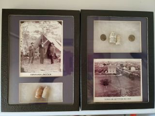 2 - Old Rare Antique Civil War Relic Bullets Buttons In Display Cases W/ Photos
