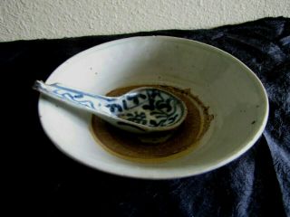 Authentic Ming Dynasty Chinese Blue & White Porcelain Bowl W/ Blue & White Spoon