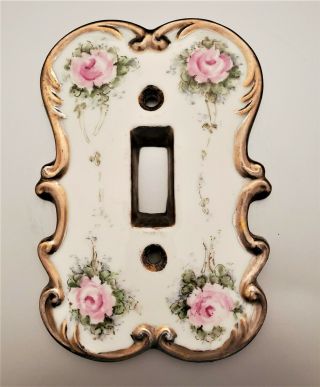 Vintage Porcelain Light Switch Cover Plate Hand Painted Pink Roses Gold Trim