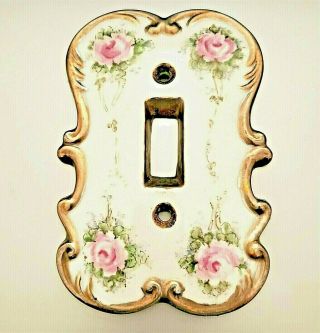 Vintage Porcelain Light Switch Cover Plate Hand Painted Pink Roses Gold Trim 2