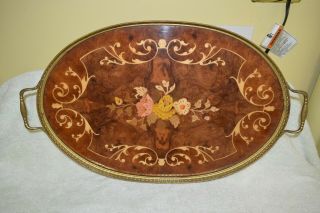 Vintage Inlaid Wood Oval Serving Dresser Tray Sorrento Ware Italian Floral Brass