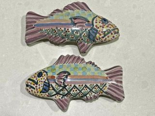 VTG MACKENZIE CHILDS Set of 2 RARE Purple FISH Knobs Drawer Pulls Right & Left 3