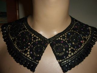 Vtg 40s 50s Stunning Black Crochet & Rhinestone Sew On Collar For Dress Sweater