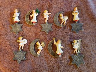 Rare Vintage Hard Plastic Angel Ornaments Mica Set Of 9 Christmas Tree Moon Star