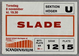 Slade - Rare Vintage Gothenburg,  Sweden 1973 Concert Ticket