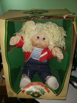 Vintage 1984 Cabbage Patch Doll W Box Girl Blond Red Jacket