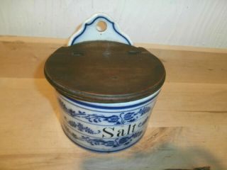 Antique Germany Flow Blue With Wood Top Salt Box