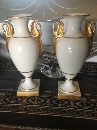 (2) Vintage Lenox Empire Vases Ivory With Gold Swan Handles Old Blue Mark Rare