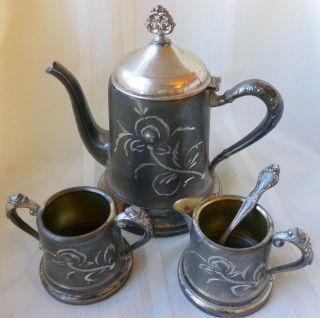 Antique Rogers Silver - Plate Tea Set 3 Piece Small Size Etched Design