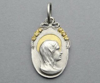 French,  Antique Religious Pendant.  Saint Virgin Mary.  Flowers.  Art Nouveau Medal