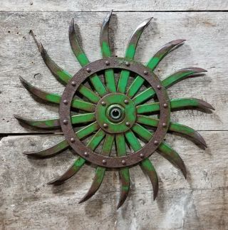 Old John Deere 19 ",  Steel Spike Wheel Rotary Hoe Industrial Steampunk Garden Art