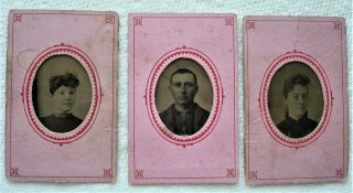 Three Antique Miniature Tin Type Photos,  2 - Ladies 1 - Man,  Could Be Family