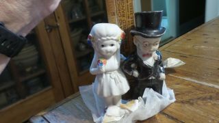 Antique Bisque Doll Bride & Groom Wedding Cake Topper,  5 - 1/8 ",  Made In Japan