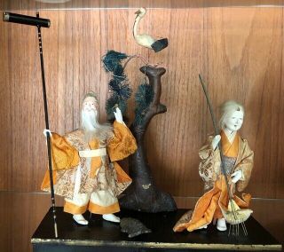 2 Antique Japanese Old Man & Woman Hina Dolls With Turtle,  Tree & Bird