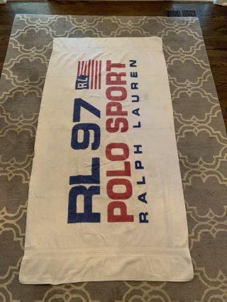 Rare Vintage Ralph Lauren Polo Sport 1997 Rl Usa Flag Bath Beach Towel 90s White