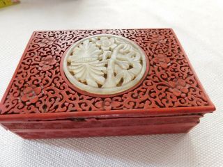 Antique Chinese Cinnabar Red Lacquer Box Carving Top Jade Decoration