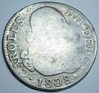 1808 Spanish Silver 2 Reales Colonial Antique 1800s Two Bit Pirate Treasure Coin