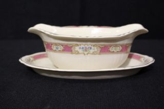 Rare Vintage Federal Shape Syracuse China Raleigh Pink Gravy Boat W/underplate