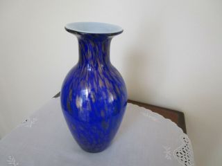 Vintage Murano Italy Large Cobalt Blue & Gold Glass Vase Rare