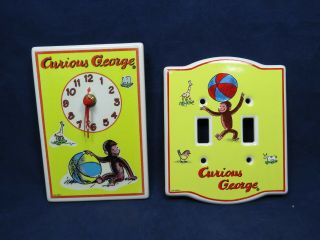 1996 Hmco Curious George Ceramic Clock & Outlet Cover Rare Great Gift B47 5