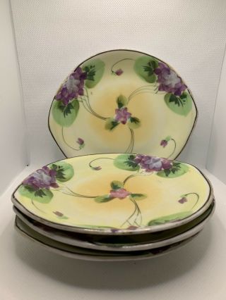 Antique Vtg Hand Painted Nippon China Bread Plates - Purple Violets - Set Of 4