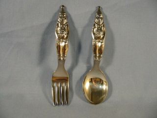 Vintage Antique Reed And Barton Baby Fork & Spoon,  Clown Handle 4.  5 " Silverplate