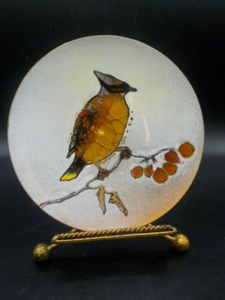 Vintage Mcm Enamel On Copper 6 " Tray Dish Bird & Berries