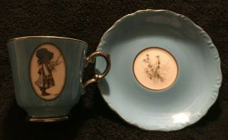 Vintage Rare Holly Hobbie Blue Girl Porcelain Cup & Saucers Platinum Trim 1973