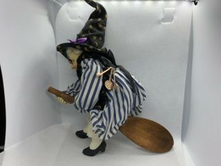 Rare Flying Halloween Kitchen Witch Doll Decoration On Broom With Glasses