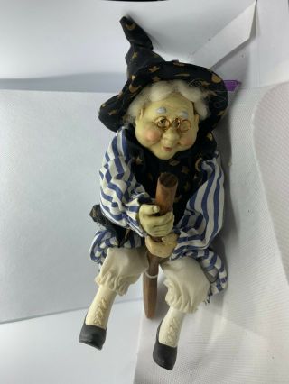 RARE Flying Halloween Kitchen WITCH Doll Decoration on Broom with Glasses 3
