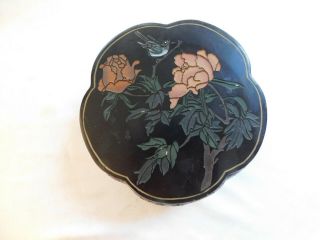 Antique Chinese Hand Painted Floral Bird Black Lacque Wood Stand 8 "
