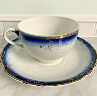 Antique Flow Blue Tea Cup And Saucer La Francaise Circa 1905 - 15
