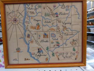 Rare Vtg Hanging Frame Map Of The West Hand Made Linen Embroidery Needlepoint