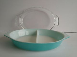 Vintage Pyrex Turquoise/teal 1 - 1/2 Quart Divided Casserole Dish With Lid Rare