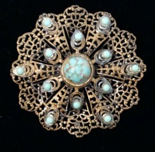Vintage/antique C - Clasp Gold Tone Filigree Faux Turquoise Cabochons Pin Brooch