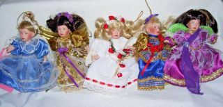 Vintage Set Of Five Porcelain Angel Dolls Ornaments By Paradise Galleries